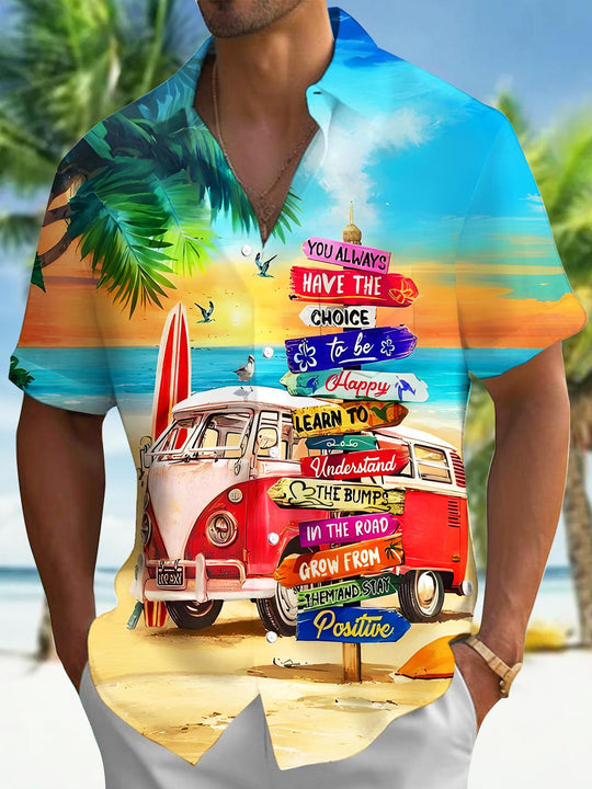 Men's short sleeve palm tree print pocket shirt front view for tropical beach vacation
