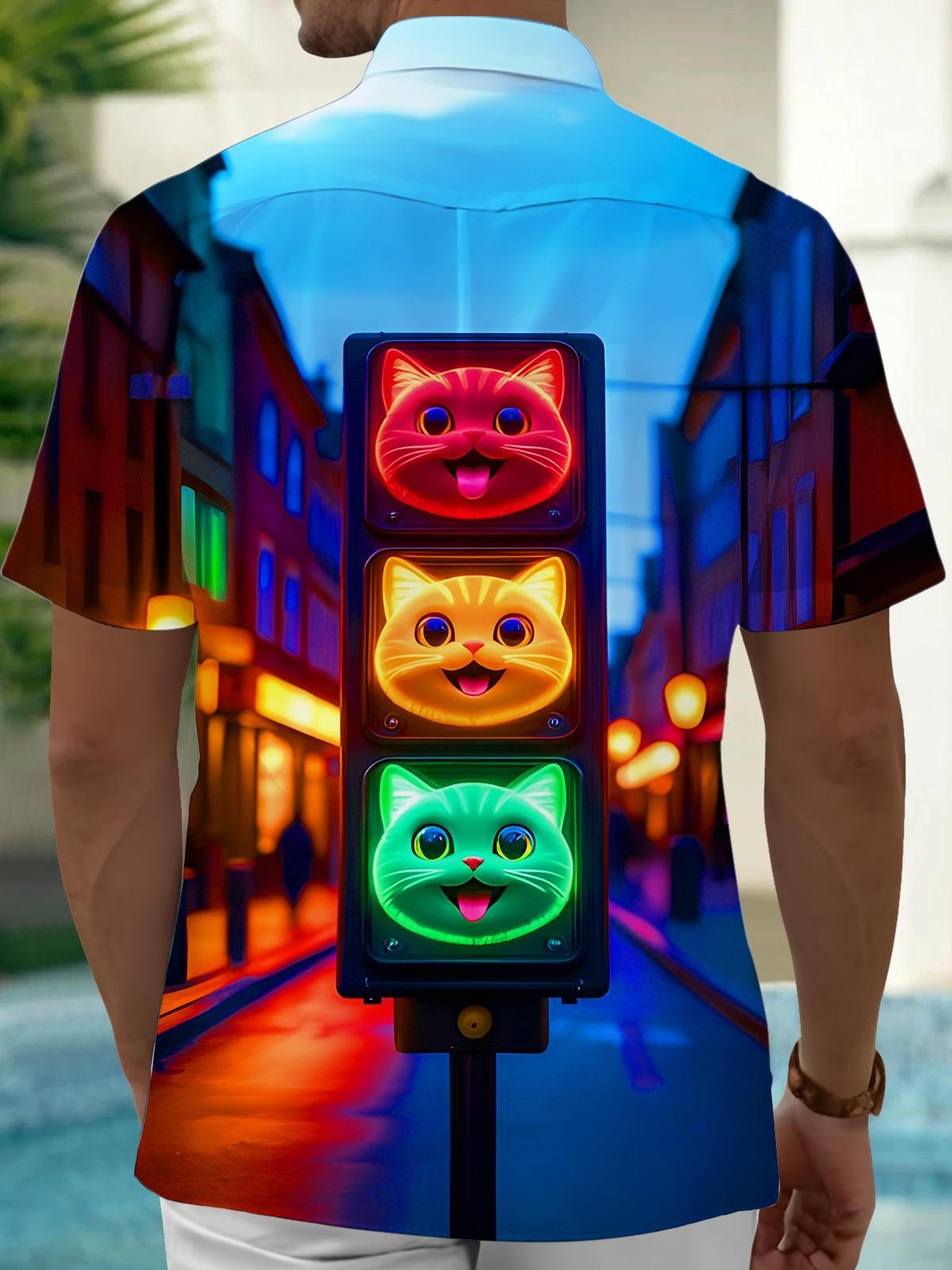 Funny Traffic Lights Cats Men's Pocket Short Sleeve Shirts