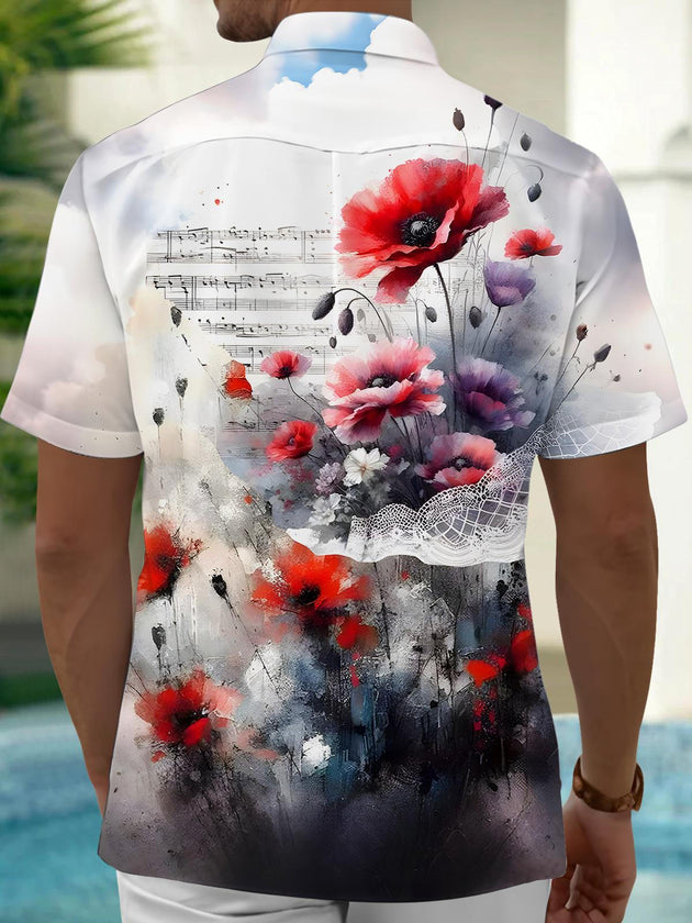 Men's art floral pocket short sleeve shirt back view