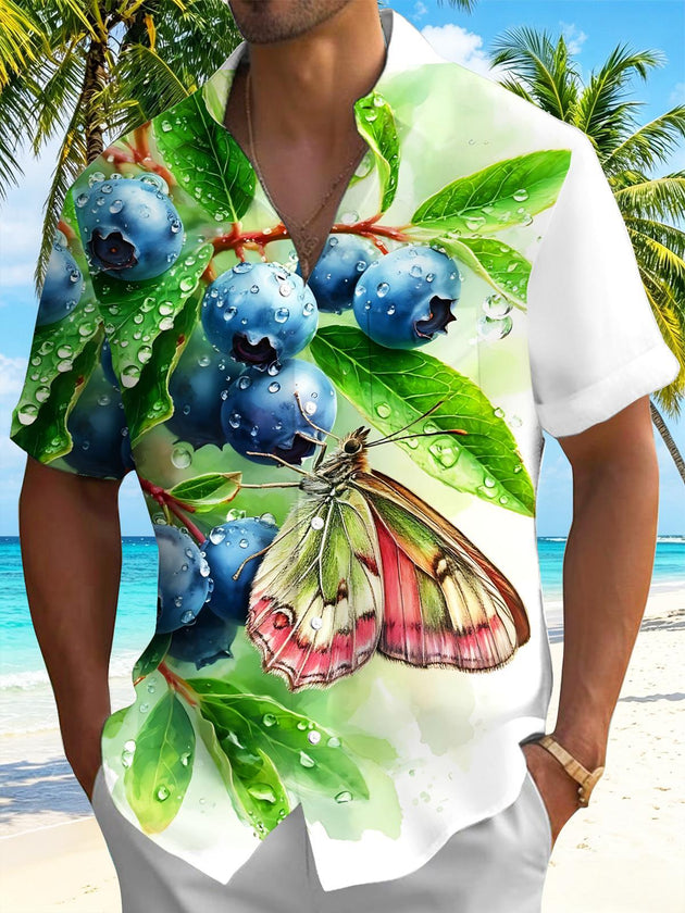 Watercolor Blueberry And Butterfly Men's Pocket Short Sleeve Shirts