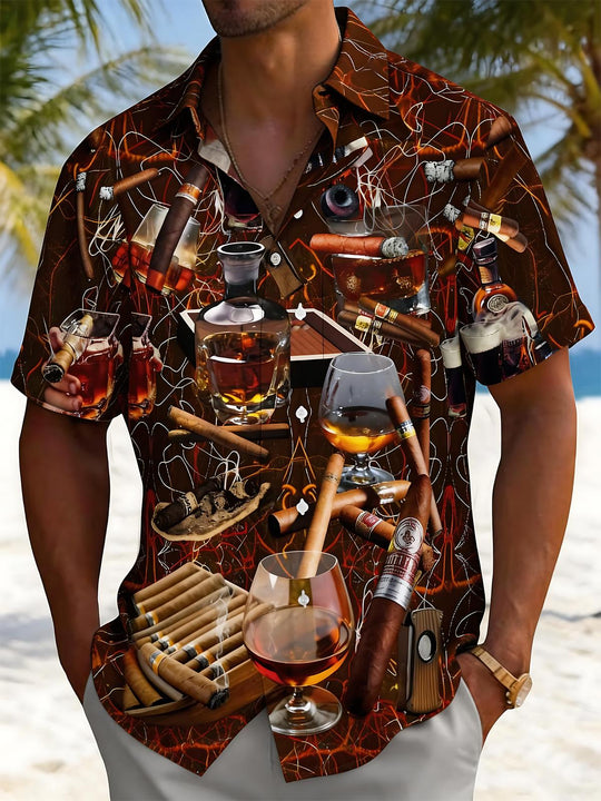 Men's Cigar Wine Print Short Sleeve Shirt Front View