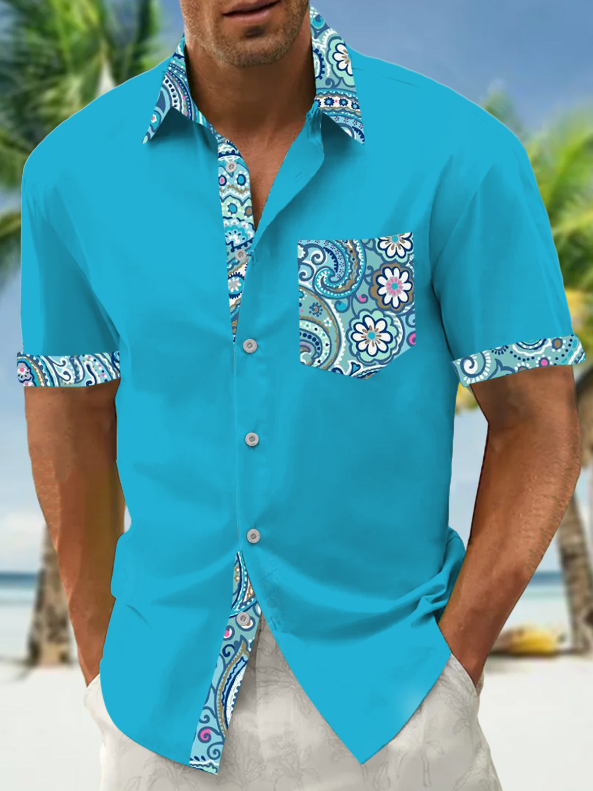 Pellis Ethnic Print Men's Pocket Short Sleeve Shirts