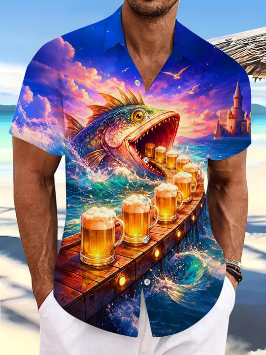 Men's Hawaiian fish print short sleeve shirt front view for tropical beach vacation