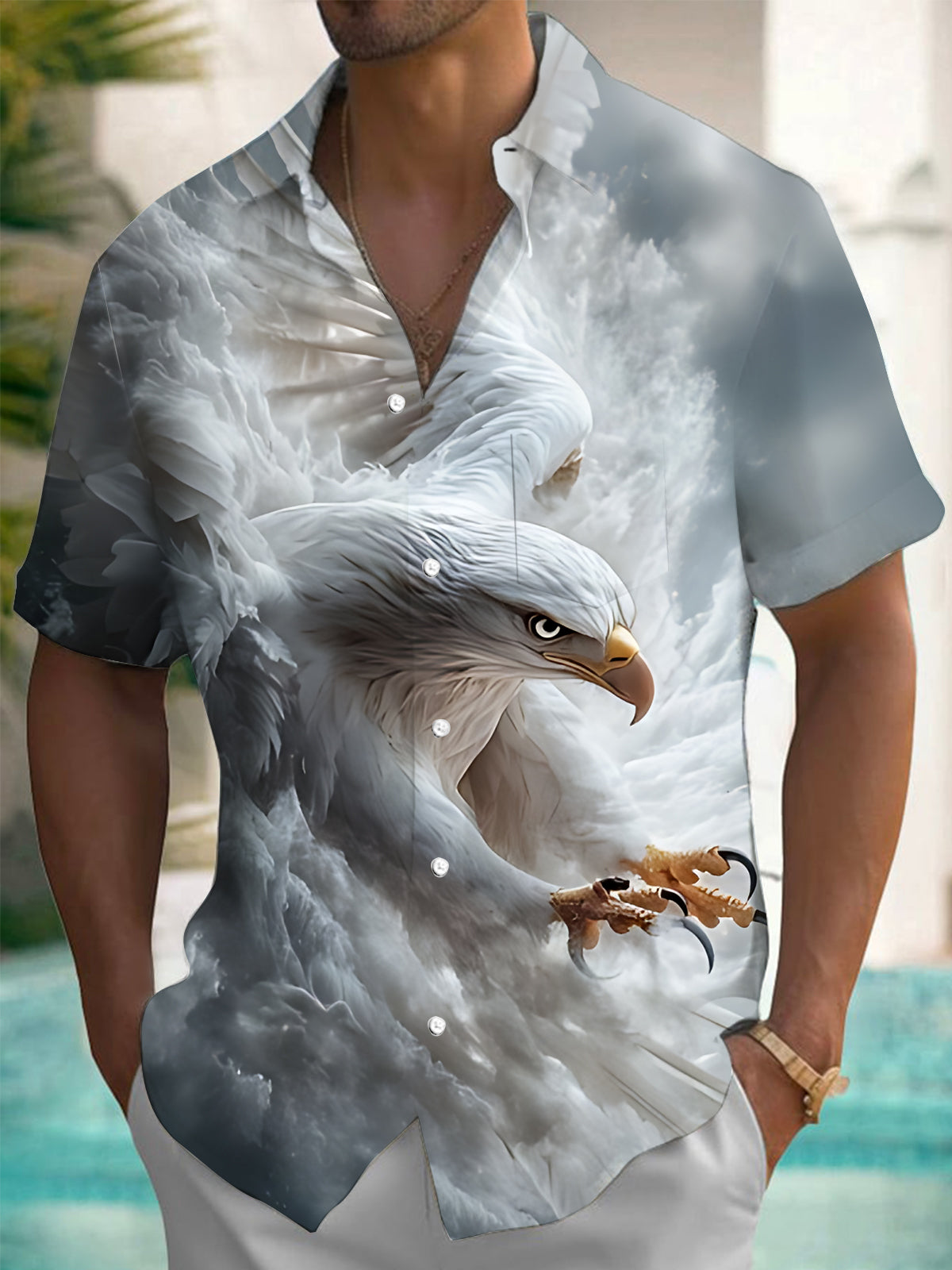 Eagle Print Men's Pocket Short Sleeve Shirts