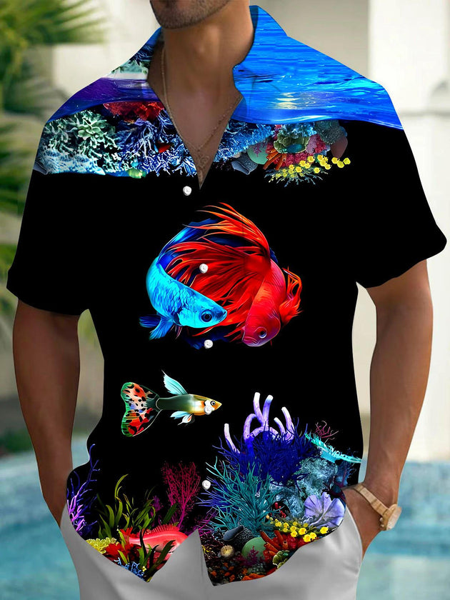 men's Hawaiian shirt front view tropical beach vacation