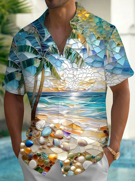 Men's blue Hawaiian short sleeve shirt front view for beach vacation