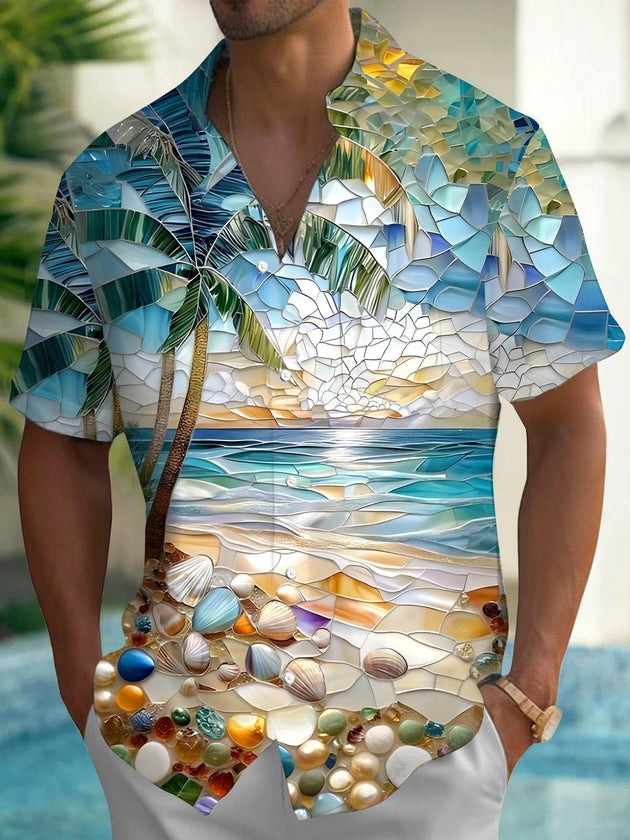 Men's blue Hawaiian short sleeve shirt front view for beach vacation