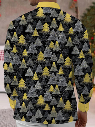 Men's Christmas tree print pocket long sleeve shirt back view