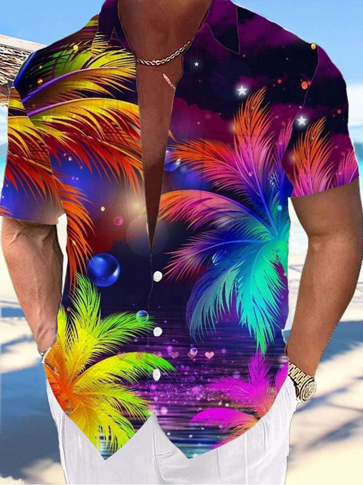 Hawaiian Coconut Tree Print Short Sleeve Men's Shirts With Pocket