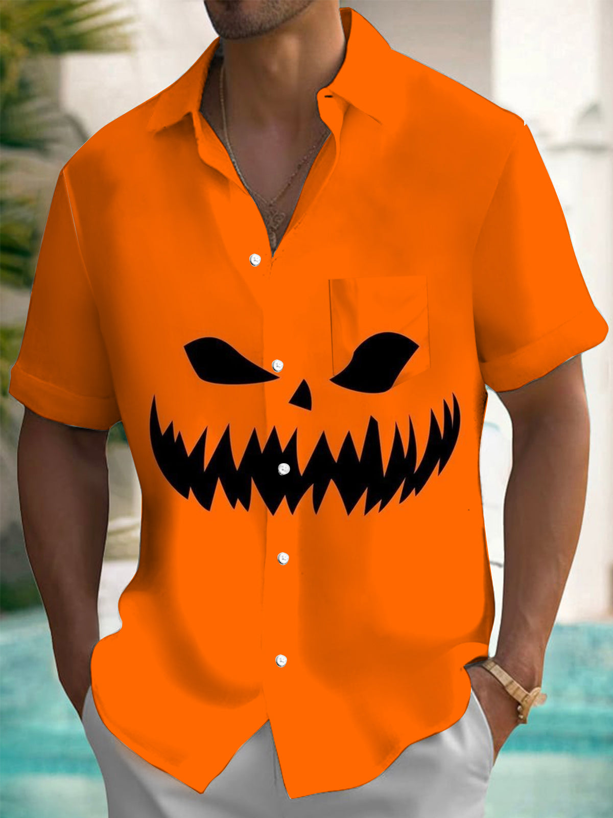 Halloween Print Men's Pocket Short Sleeve Shirts