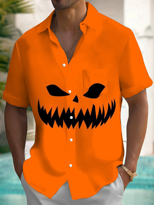 Men's Halloween print pocket short sleeve shirt front view costume