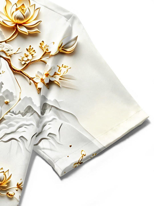 3D Art Gilded Lighthouse Lotus Landscape Pavilion Scenery Men's Pocket Short Sleeve Shirts