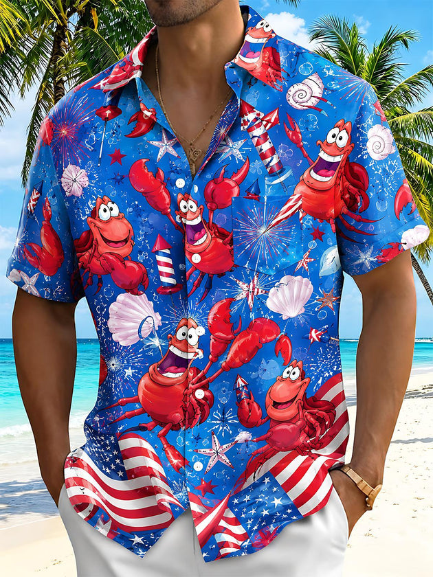 Funny Independence Day Lobster USA Flag Firework Men's Pocket Short Sleeve Shirts