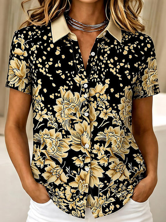 Retro Black Gold Flower Women's Short Sleeve Shirts