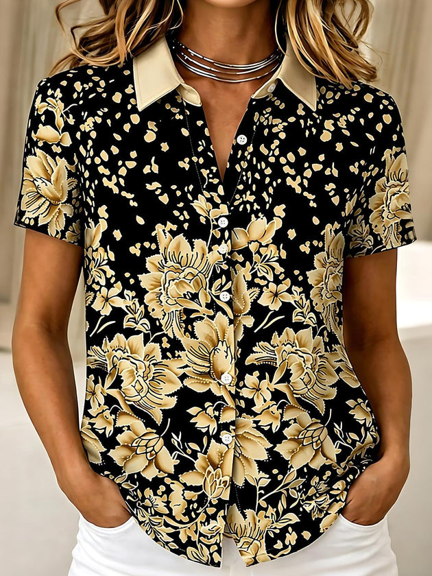 Retro Black Gold Flower Women's Short Sleeve Shirts