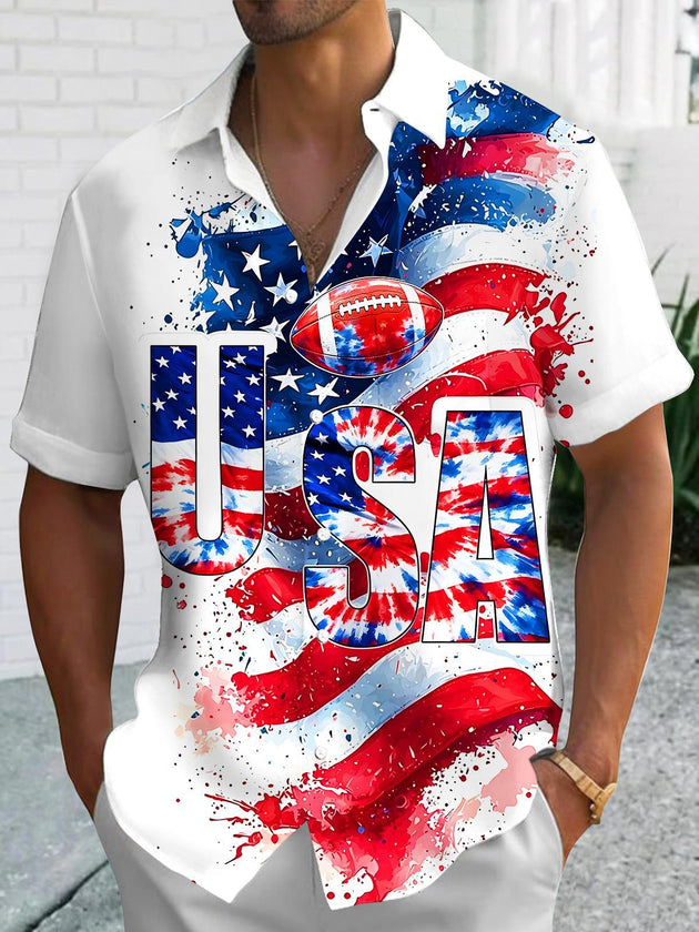 American Football USA Flag Tie Dye Independence Day Men's Pocket Short Sleeve Shirts