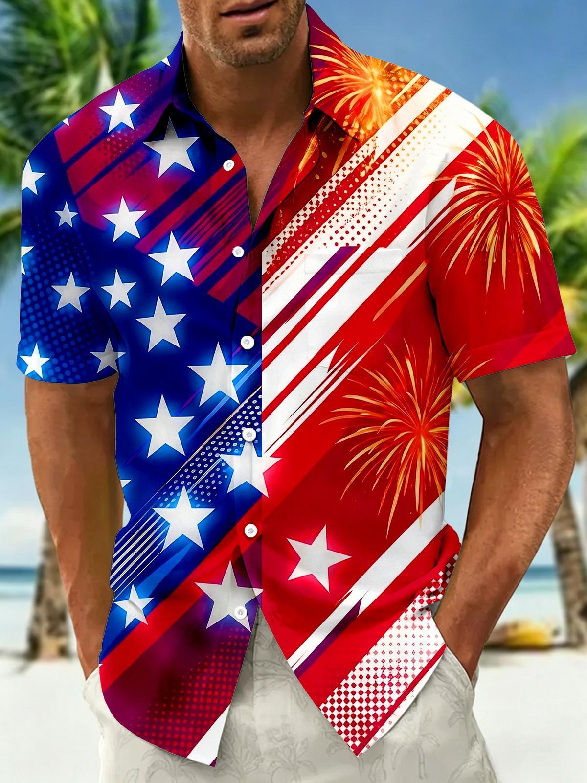 American Flag Star Fireworks Independence Day Men's Pocket Short Sleeve Shirts