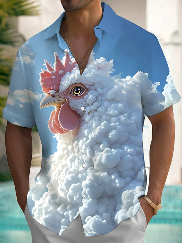 Men's abstract cloud rooster print pocket short sleeve shirt front view