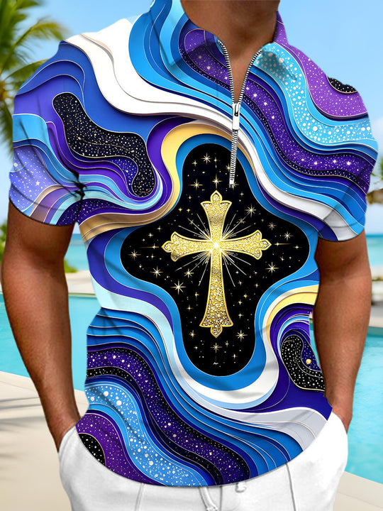 Men's abstract print short sleeve polo shirt front view
