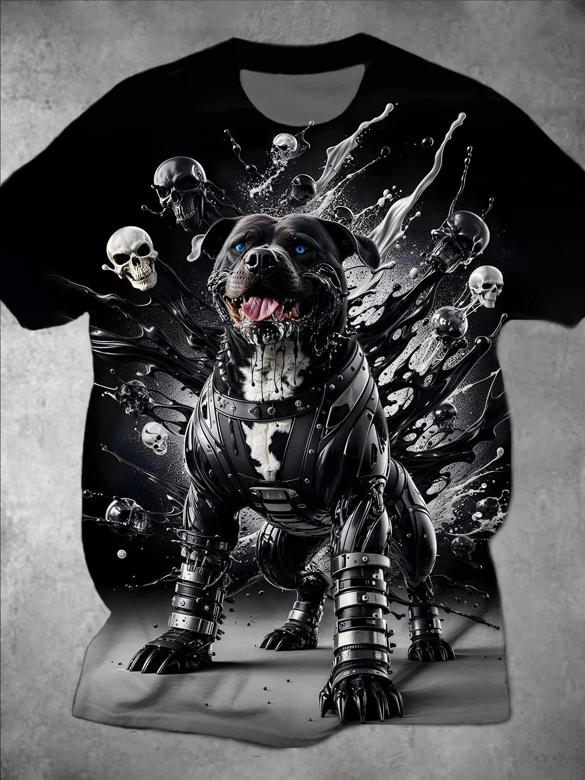 Dog Skull Print Round Neck Short Sleeve Men's T-shirt