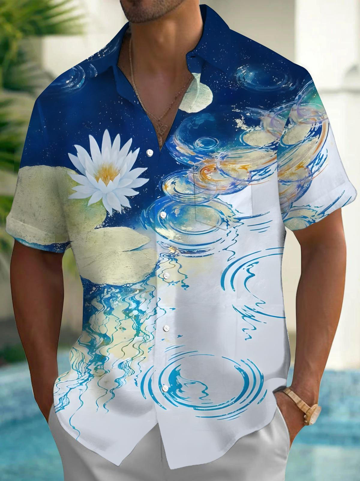 Contrasting Floral Water Ripples Men's Pocket Short Sleeve Shirts