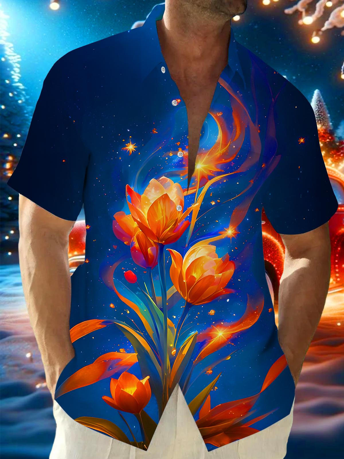 Art Sparkling Flowers Men's Pocket Short Sleeve Shirts