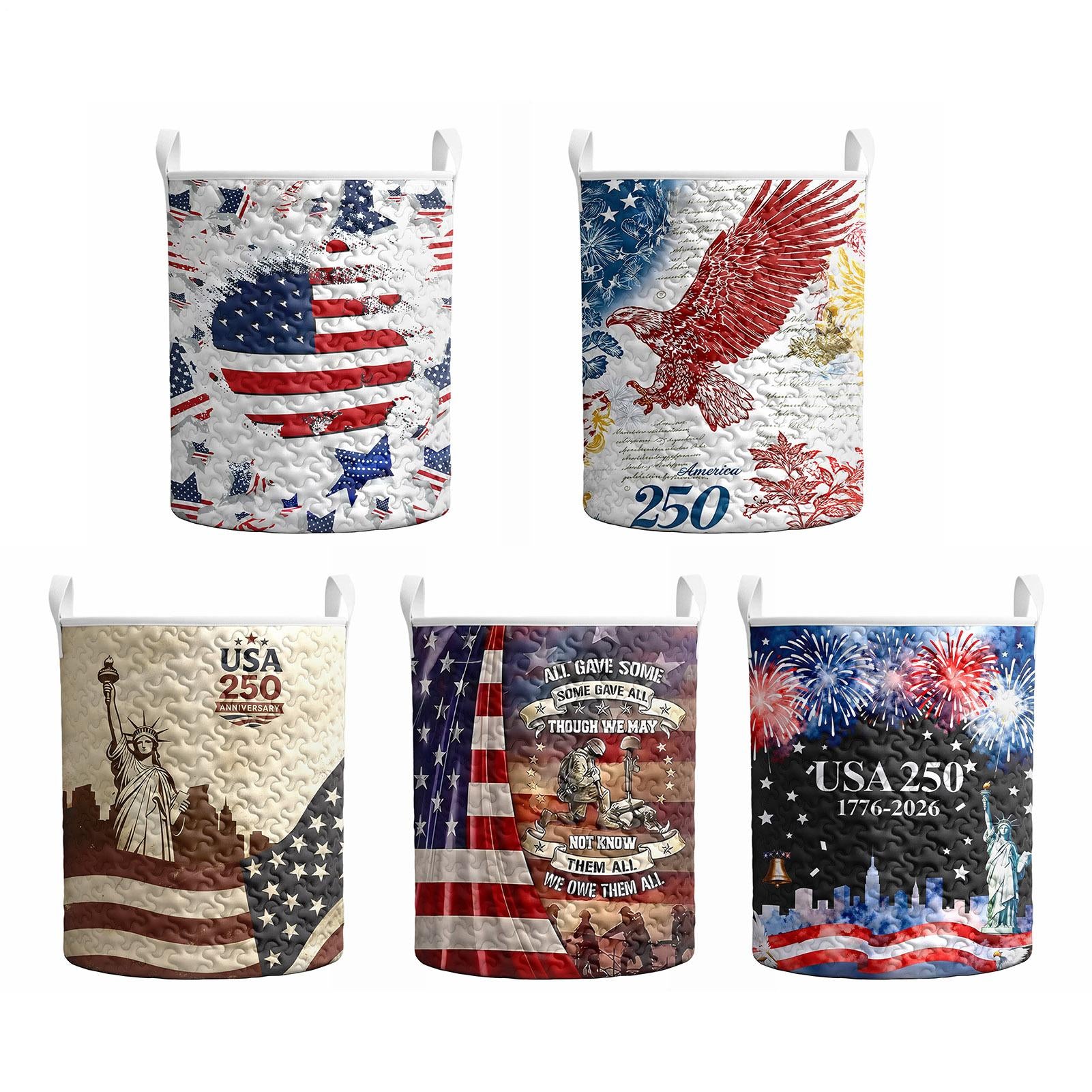 Men's patriotic red white blue quilted hamper storage bin front view for Independence Day