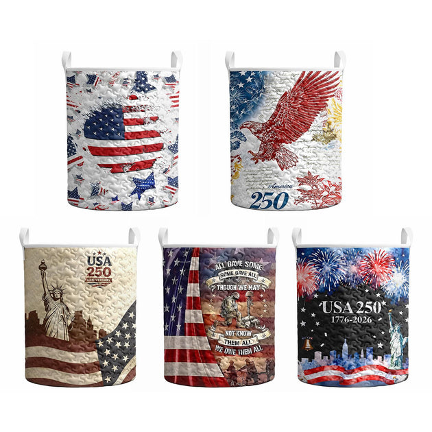 Men's patriotic red white blue quilted hamper storage bin front view for Independence Day