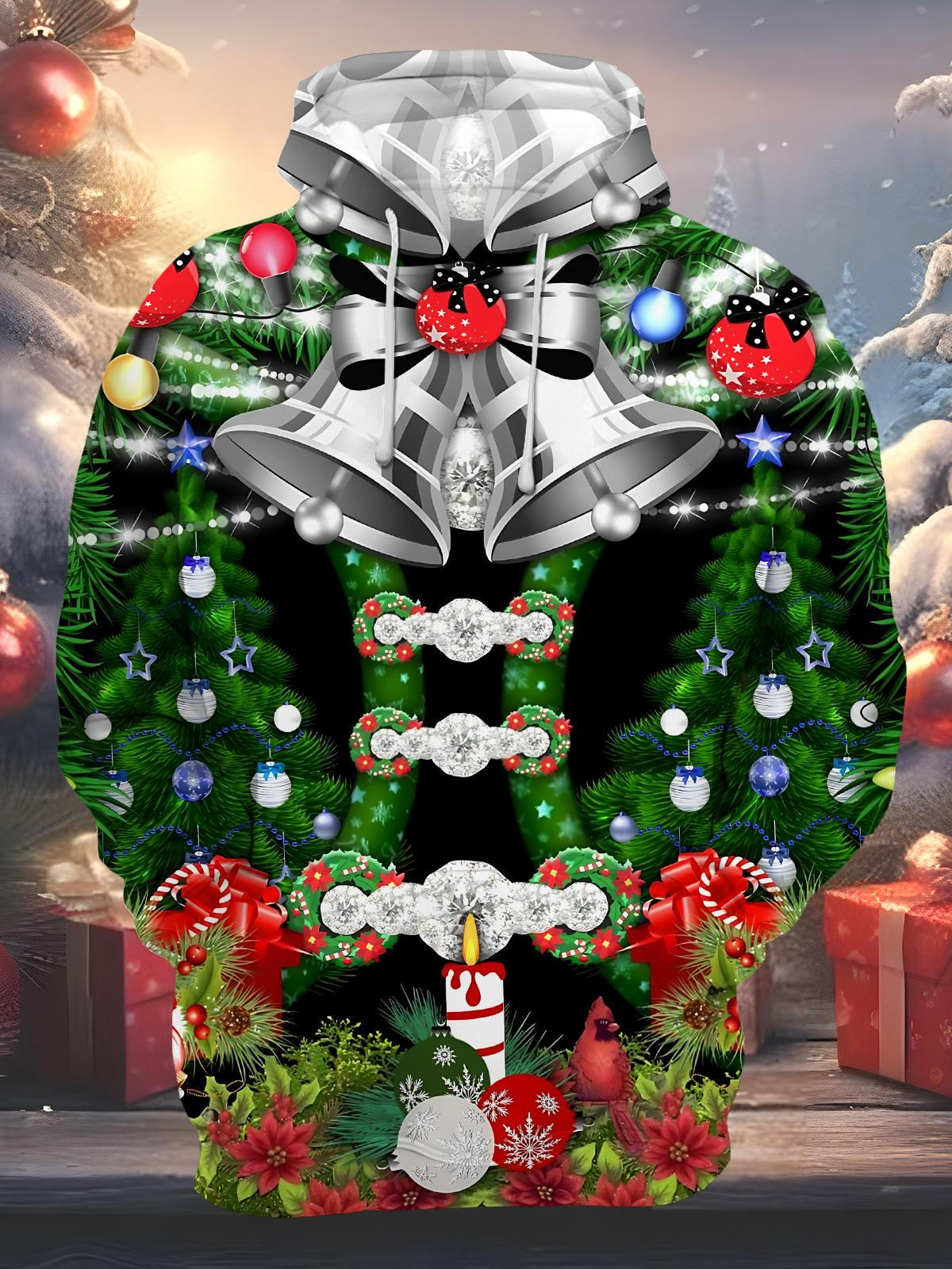 Christmas Bell Print Men's Long Sleeve Pocket Hoodies