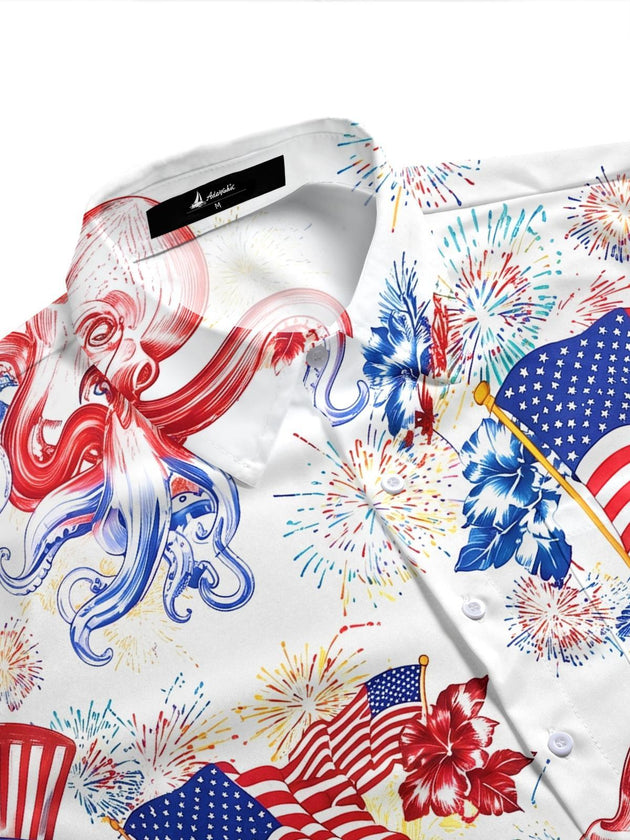 American Flag Octopus Firework Independence Day Men's Pocket Short Sleeve Shirts