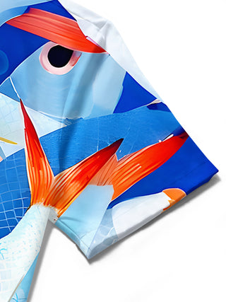 Men's Hawaiian fish print short sleeve shirt with detailed stitching close-up