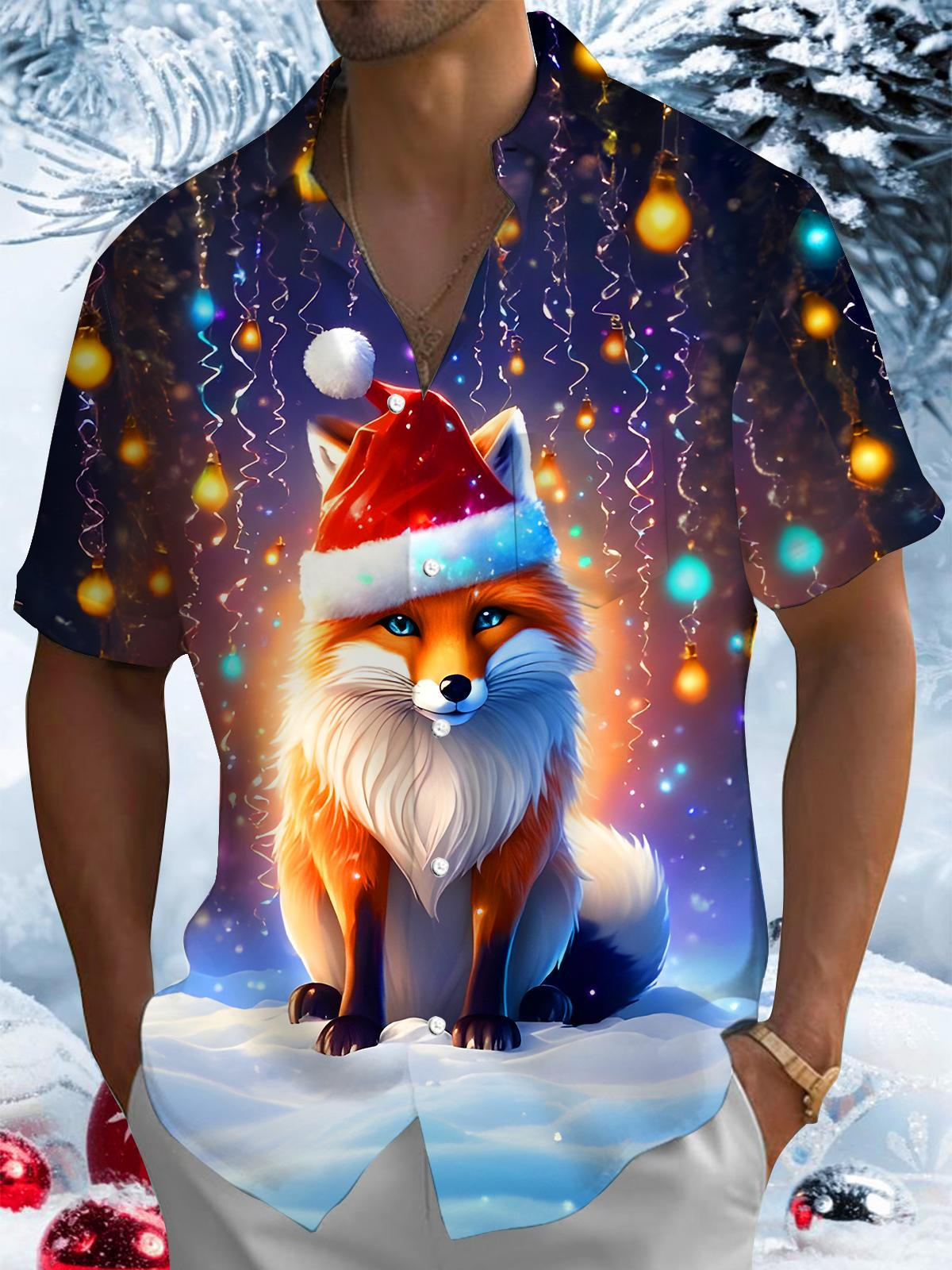 Funny Snow Fox Christmas Hat Lights Xmas Men's Pocket Short Sleeve Shirts