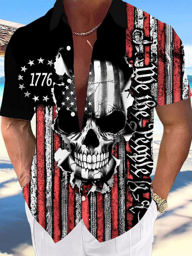 Men's short sleeve shirt with American flag skull print front view for Independence Day