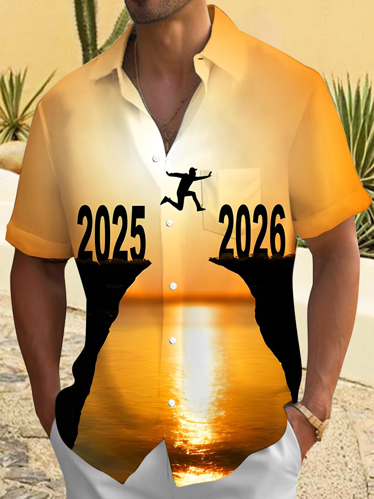 Fun Crossing Into The New Year Men's Pocket Short Sleeve Shirts