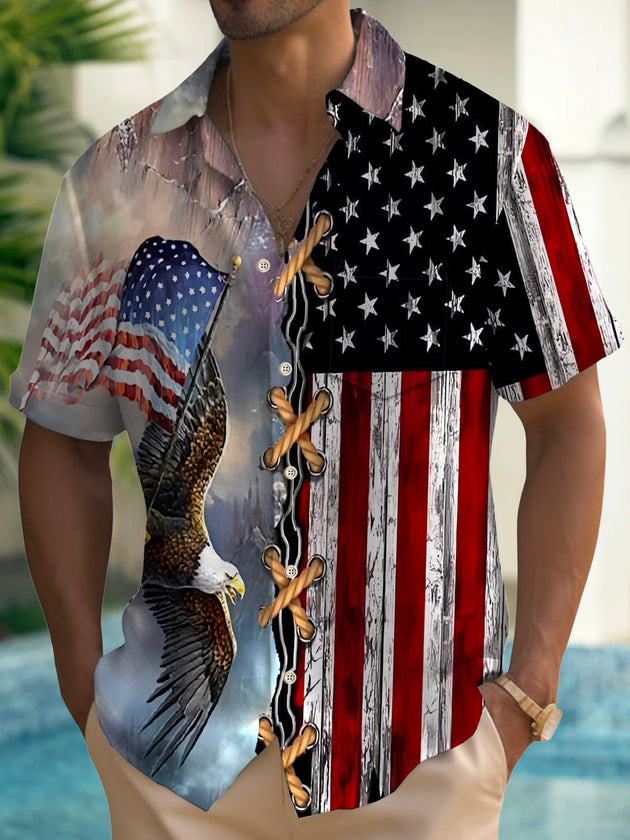 Men's red Hawaiian retro short sleeve casual shirt front view for Independence Day