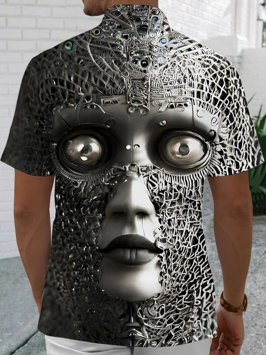Men's funny art face printed short sleeve shirt back view