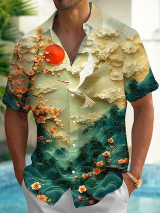 men's floral cranes short sleeve pocket shirt front view