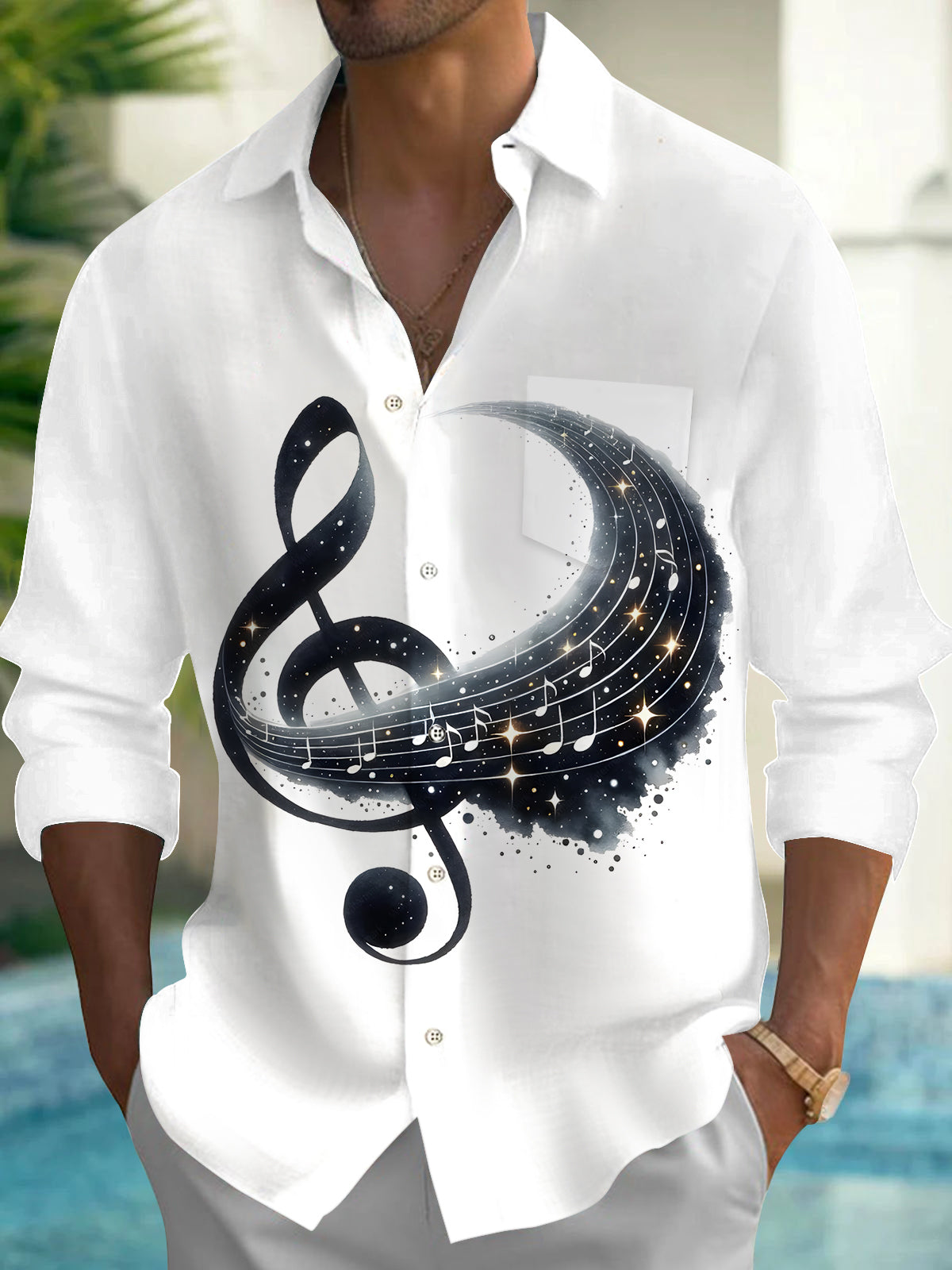 Music Note Men's Pocket Long Sleeve Shirts