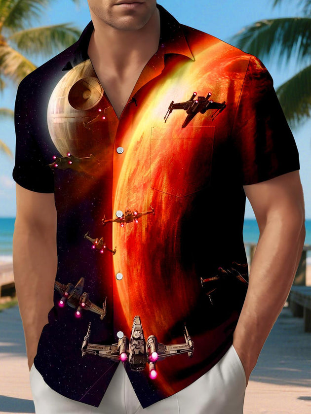 Dark Neon Star Wars Space Warships Men's Pocket Short Sleeve Shirts