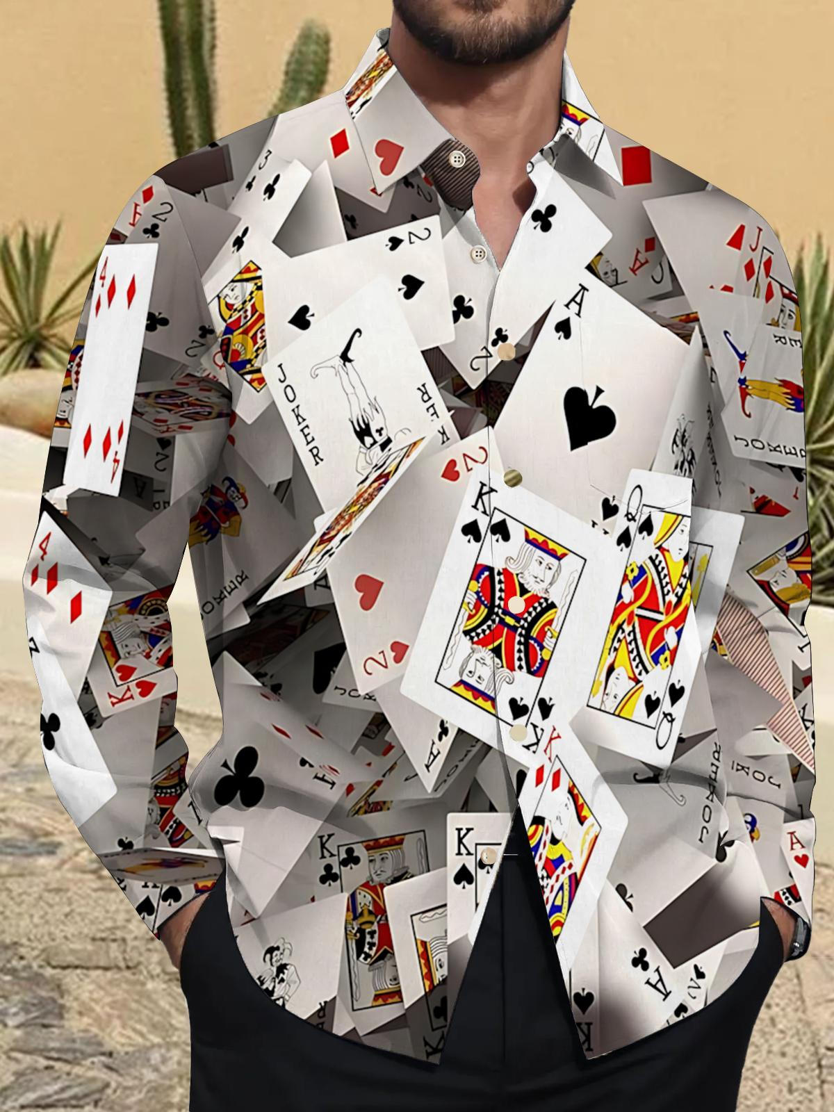 Poker Print Men's Pocket Long Sleeve Shirts