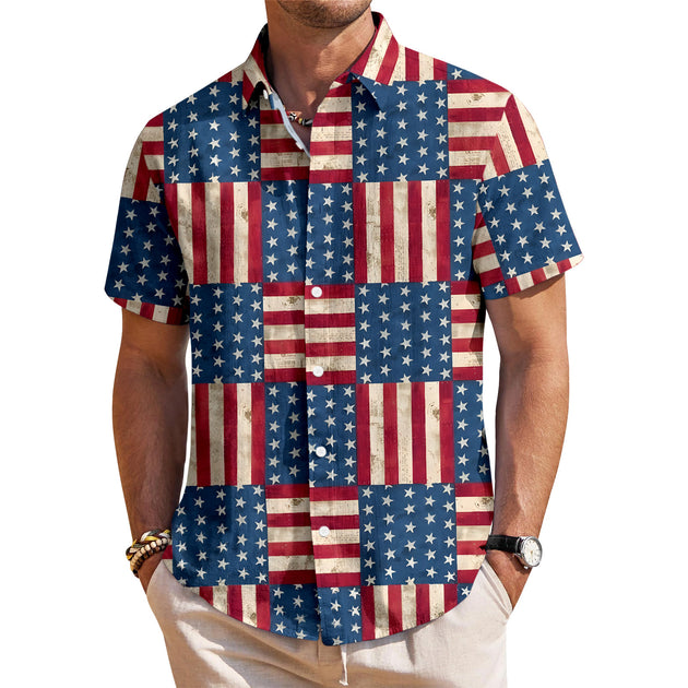 Patriotic Button Down Shirts for Men US Flag Short Sleeve Stars and Stripes Shirts Fashion Tops for Travel noble