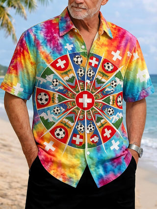 Colorful Tie-Dye Swiss Cross Soccer Sports Men's Pocket Short Sleeve Shirts