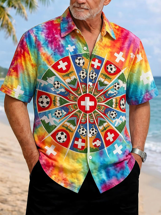 Colorful Tie-Dye Swiss Cross Soccer Sports Men's Pocket Short Sleeve Shirts