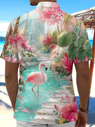 Men's flamingo plant print pocket short sleeve shirt back view