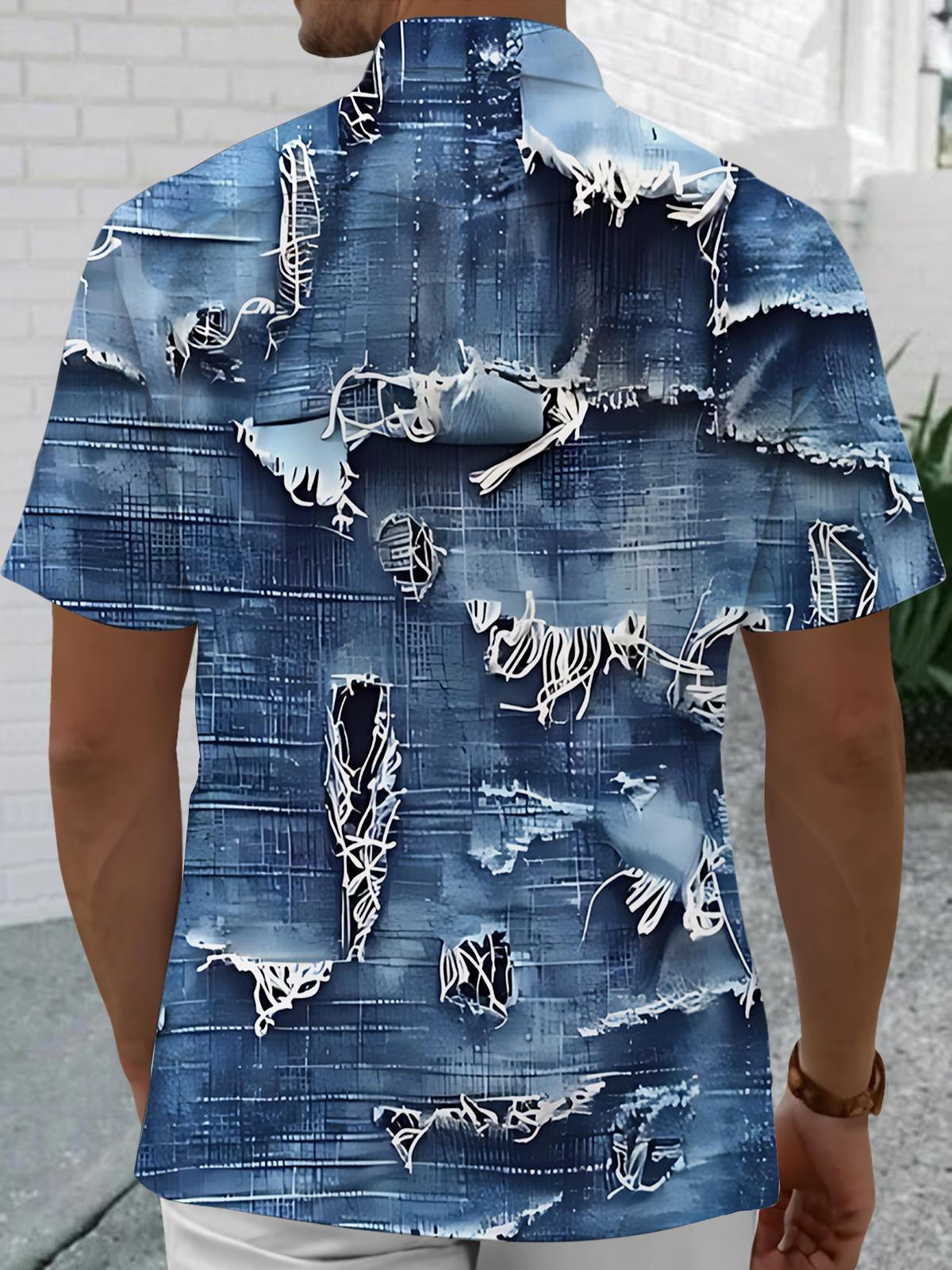 Denim Pattern Print Men's Pocket Short Sleeve Shirts