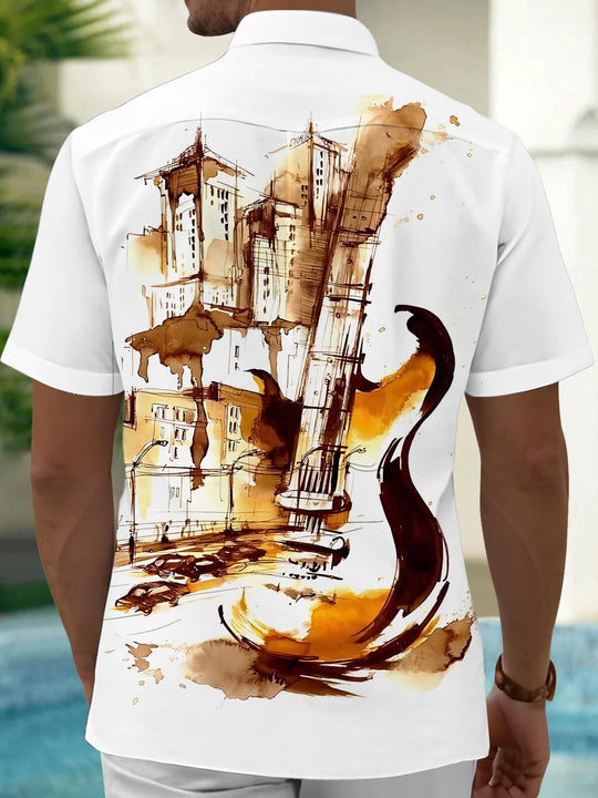 Men's Guitar Watercolor Print Pocket Short Sleeve Shirt Back View