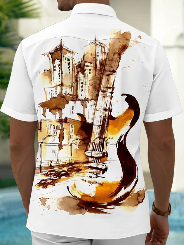 Men's Guitar Watercolor Print Pocket Short Sleeve Shirt Back View