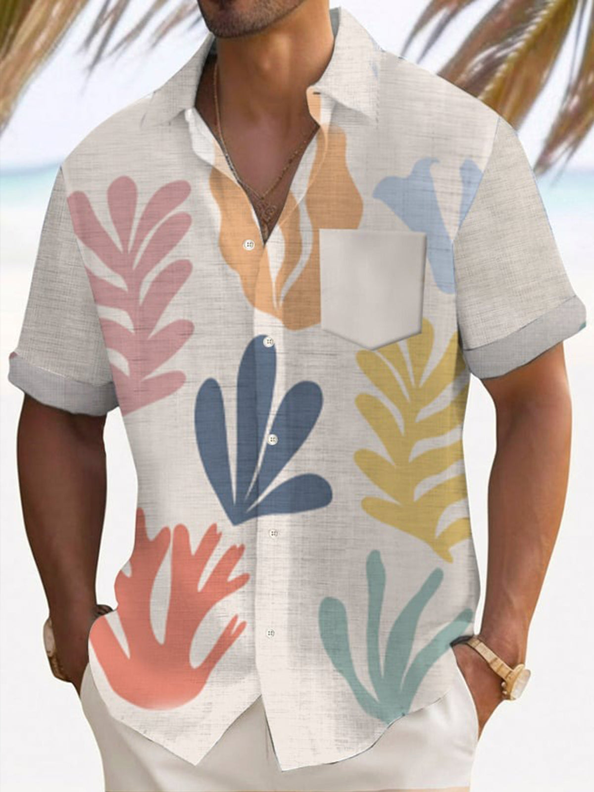 Hawaiian Botanical Print Short Sleeve Men's Shirts With Pocket