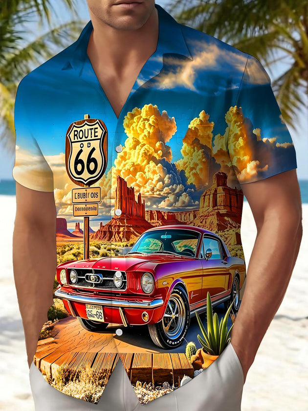 Route 66 Red Classic Car Landscape Men's Pocket Short Sleeve Shirts