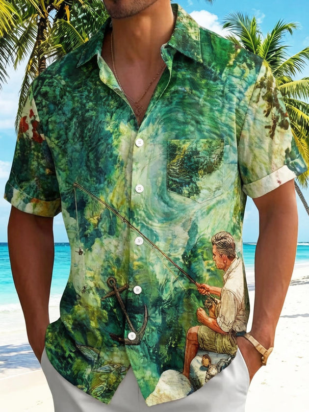 Watercolor Retro Fishing Men's Pocket Short Sleeve Shirts